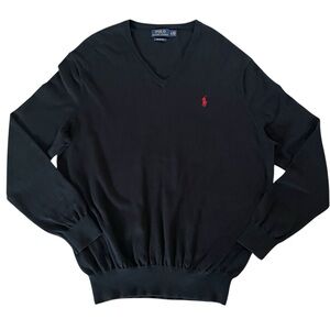 Ralph Lauren Black V-Neck Sweater Classic Knitwear Red logo Pima Cotton Sz L